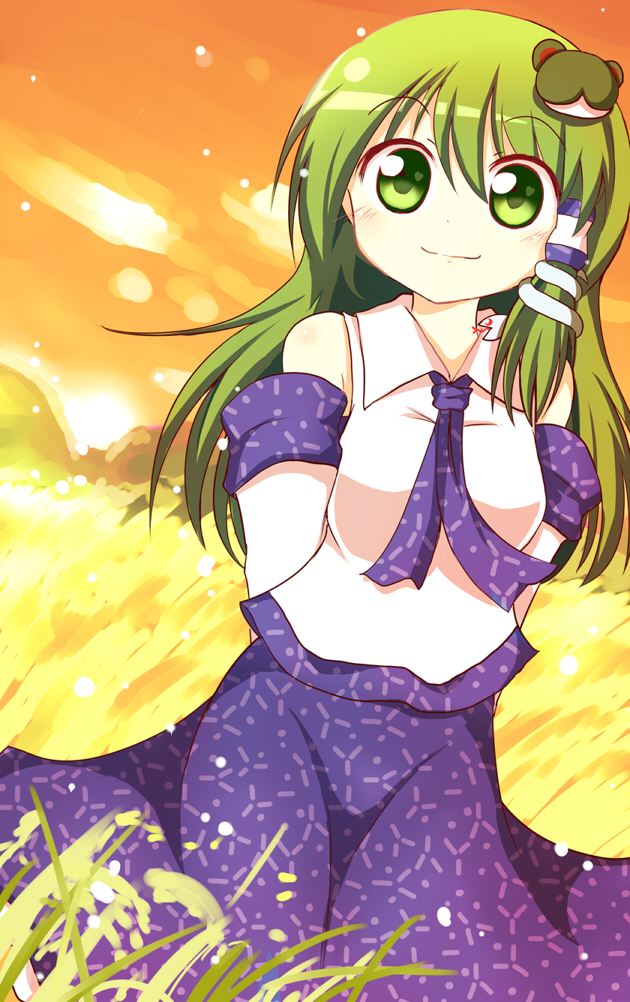 arms_behind_back detached_sleeves frog_hair_ornament grass green_eyes green_hair hair_ornament hair_tubes kochiya_sanae long_hair miyamaki smile snake_hair_ornament solo touhou