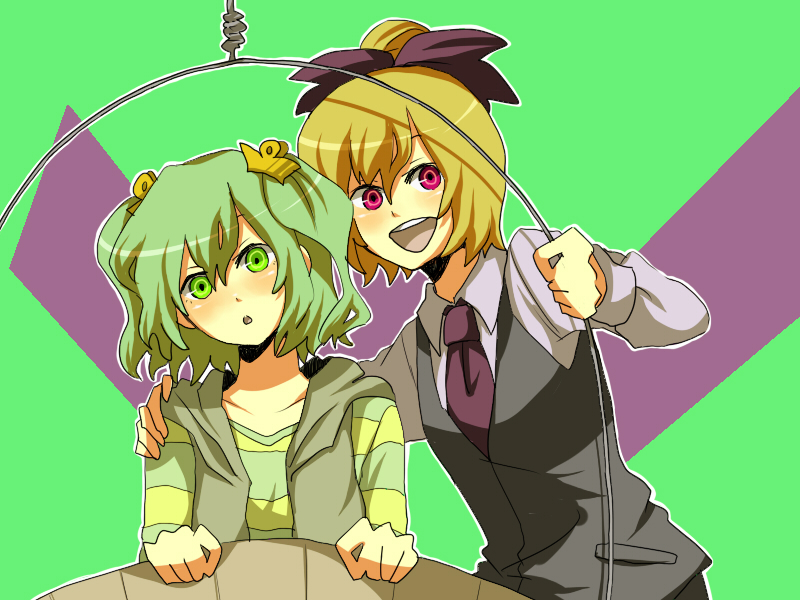 akasata alternate_costume blonde_hair blush bow collarbone contemporary green_eyes green_hair hair_bow kisume kurodani_yamame long_sleeves multiple_girls necktie open_mouth puffy_sleeves short_hair subterranean_animism touhou twintails