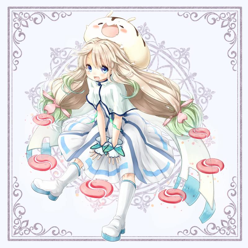 animal_hat animal_on_head blonde_hair blue_eyes blush boots capelet dress fingerless_gloves frame gloves gradient_hair green_hair hair_ornament hat knee_boots multicolored_hair open_mouth original smile solo striped striped_dress twintails v_arms white_boots yin_yang yuya_(night_lily)