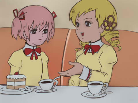 blonde_hair bow cake chargeman_ken! cup dessert drill_hair food hair_ornament hair_ribbon kaname_madoka lowres mahou_shoujo_madoka_magica multiple_girls parody pink_hair retro ribbon school_uniform style_parody table teacup tomoe_mami twin_drills twintails