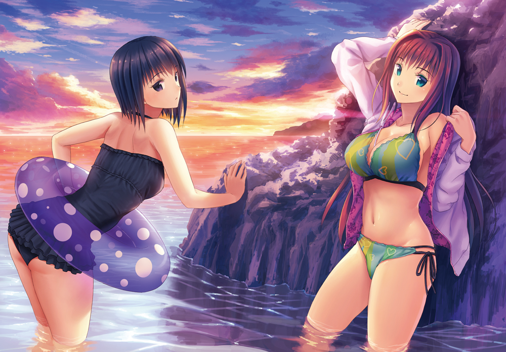aozaki_aoko arched_back arm_support ass bikini black_eyes black_hair blue_eyes breasts brown_hair casual_one-piece_swimsuit cloud frilled_swimsuit frills heart heart_print innertube kichiroku kuonji_alice large_breasts legs looking_at_viewer mahou_tsukai_no_yoru multicolored_bikini multiple_girls navel ocean one-piece_swimsuit open_clothes open_jacket partially_submerged print_bikini short_hair side-tie_bikini sky smile sunset swimsuit thighs wading water