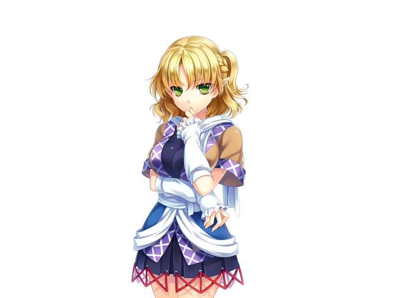 arm_warmers biting blonde_hair breasts game_cg green_eyes looking_at_viewer mizuhashi_parsee pointy_ears riv scarf short_hair short_sleeves solo thumb_biting touhou transparent_background