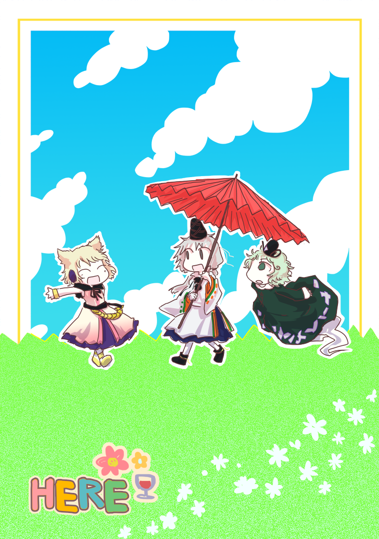 dress earmuffs giselebon green_dress green_eyes green_hair grey_hair hat japanese_clothes kariginu mononobe_no_futo multiple_girls open_mouth short_hair smile soga_no_tojiko tate_eboshi touhou toyosatomimi_no_miko umbrella