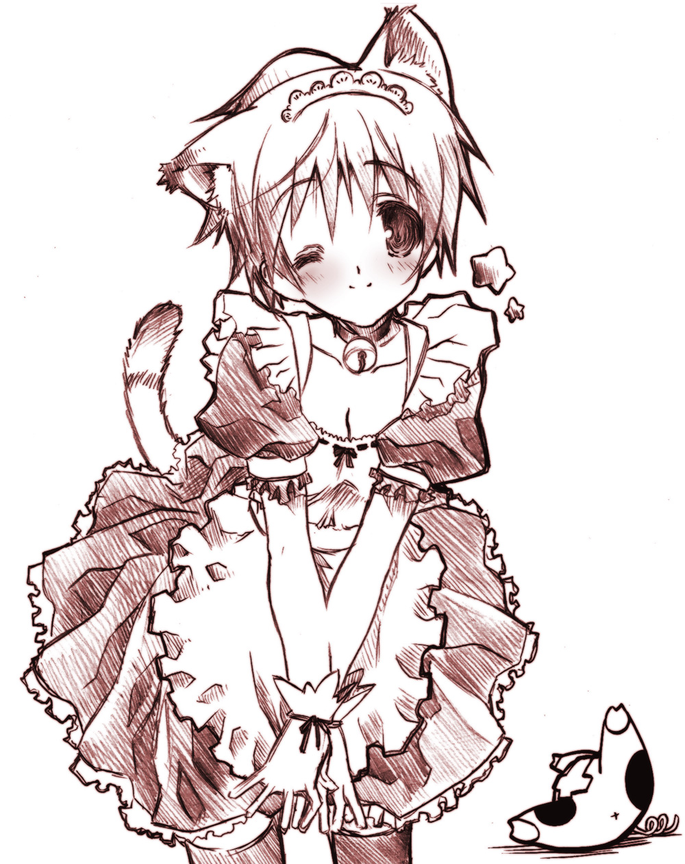animal_ears anus bell blush breasts cat_ears cat_tail cleavage gloves highres hirasawa_ui jingle_bell k-on! looking_at_viewer maid monochrome senomoto_hisashi short_hair simple_background smile solo star tail white_background wink