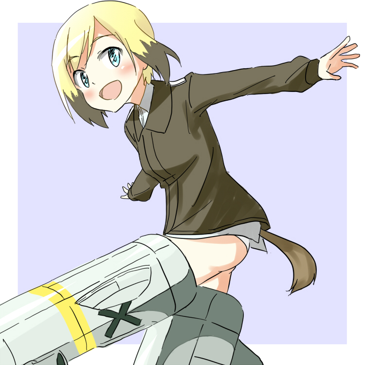 blonde_hair blue_eyes blush dog_tail erica_hartmann hatopo_(beach7pijon) military military_uniform multicolored_hair open_mouth outstretched_hand panties short_hair solo strike_witches striker_unit tail two-tone_hair underwear uniform