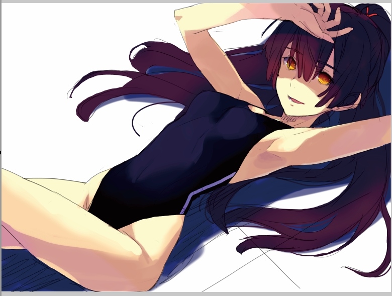 :d armpits arms_up bangs border competition_swimsuit dutch_angle from_above hair_between_eyes hair_ribbon hair_spread_out hand_on_head high_ponytail highleg highleg_swimsuit kagetomo_midori long_hair lying on_back one-piece_swimsuit open_mouth orange_eyes original ponytail purple_hair ribbon shadow single_vertical_stripe smile solo swimsuit yellow_eyes