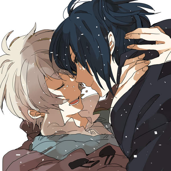 black_hair camelot closed_eyes coat eyes_closed hug jacket male multiple_boys nezumi_(no.6) no.6 open_mouth scarf shion_(no.6) short_hair short_ponytail tears white_hair yaoi