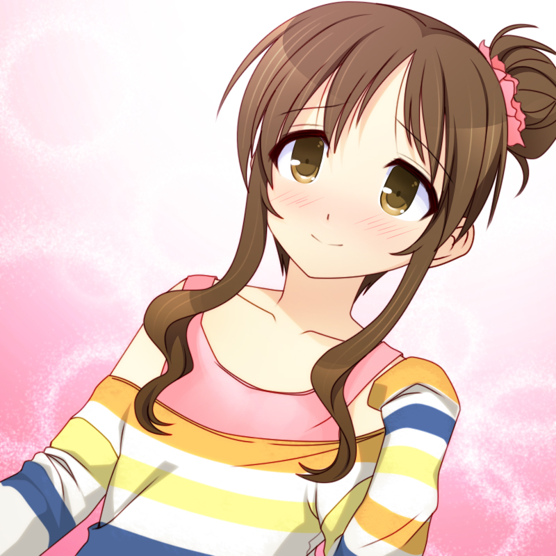 arm_up blush brown_eyes brown_hair flower fujimiya_yuu hair_bun hair_flower hair_ornament idolmaster idolmaster_cinderella_girls long_hair off_shoulder payot sleeves_past_wrists smile solo takamori_aiko tank_top