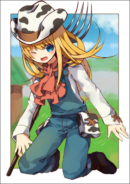 blonde_hair blue_eyes cow_print cowboy_hat haneten_kagatsu harvest_moon harvest_moon:_a_new_beginning harvest_moon_the_land_of_origin hat open_mouth overalls rio_(harvest_moon) scarf smile solo