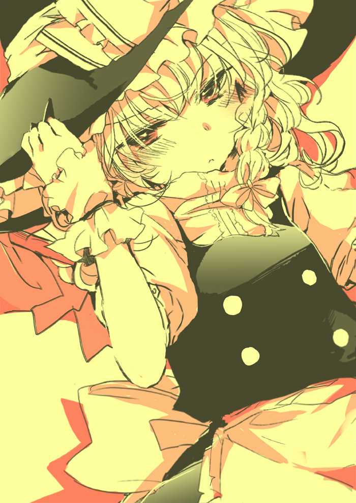 :&lt; blush hand_on_hat hat holding holding_hat kirisame_marisa monochrome poprication shy solo touhou witch_hat yellow