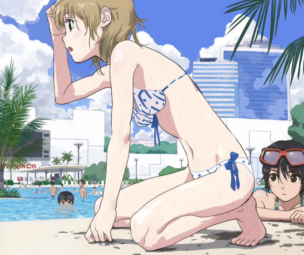 barefoot bikini blush brown_eyes brown_hair cloud front-tie_top goggles goggles_on_head jellyfishurchinfestival kneeling multiple_girls navel open_mouth original partially_submerged pool poolside shiny shiny_skin short_hair side-tie_bikini sky swimsuit water wet