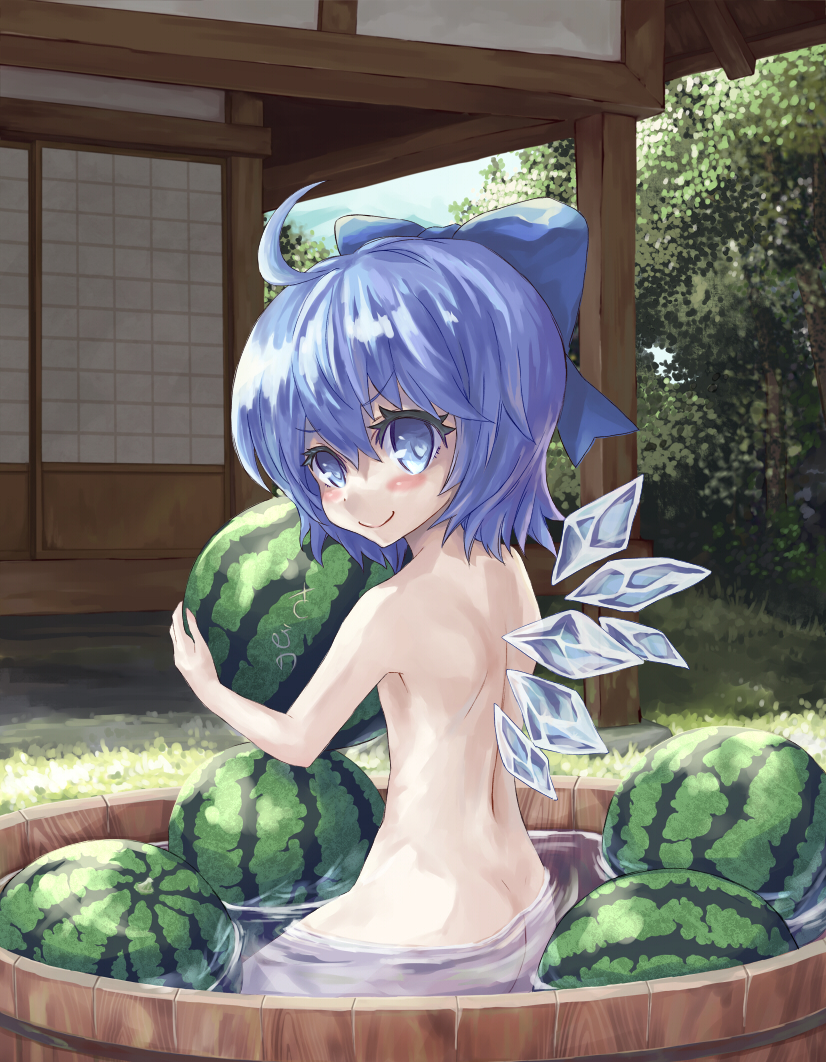 ahoge ass bad_id basin bathing blue_eyes blue_hair blush bow child cirno detached_wings food fruit hair_bow ice ice_wings mumulatte nude short_hair smile solo touhou water watermelon wings