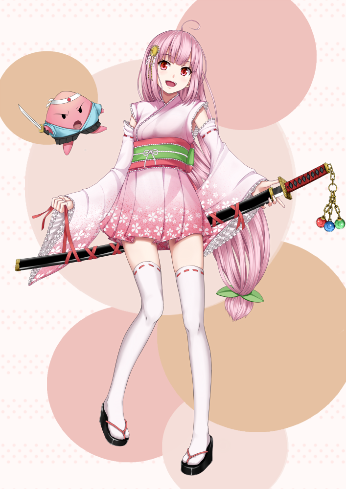 hair_ornament heisei_yutorin japanese_clothes katana long_hair original pink_hair sword tabi thighhighs weapon