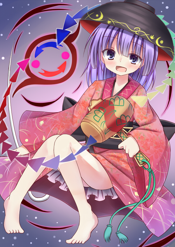 1girl bare_legs barefoot bowl directional_arrow esureki floral_print gradient gradient_background hime_cut japanese_clothes kimono knees_together_feet_apart knees_up lavender_eyes lavender_hair light_particles long_sleeves looking_at_viewer mallet obi open_mouth reclining short_hair short_kimono solo sukuna_shinmyoumaru touhou wide_sleeves