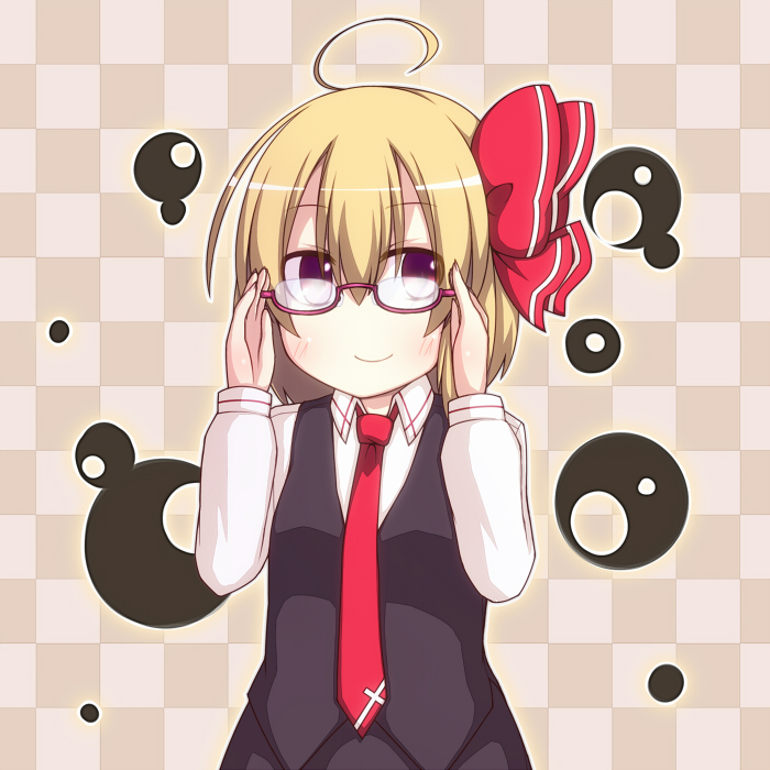 ahoge bespectacled blonde_hair checkered checkered_background cross earlgrey glasses hair_ribbon long_sleeves necktie no_nose red-framed_glasses ribbon rumia short_hair smile solo touhou