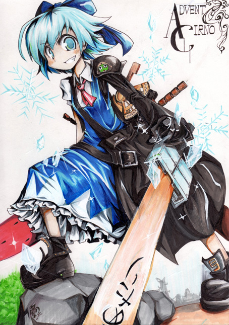 adapted_costume advent_cirno blue_eyes blue_hair blush bow cirno dual_wielding grin hair_bow ice ice_wings keroro keroro_gunsou long_sleeves mikumikku puffy_sleeves short_hair short_sleeves smile snowflakes solo sword touhou weapon wings