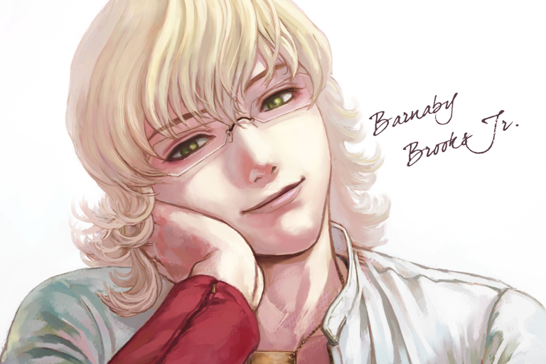 androgynous barnaby_brooks_jr bibirii blonde_hair character_name glasses green_eyes jacket looking_at_viewer male red_jacket smile solo tiger_&amp;_bunny