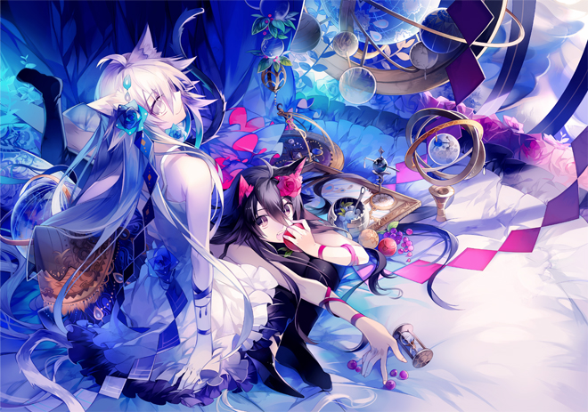 bare_shoulders black_hair blue_eyes bowl brown_eyes dress flower hair_flower hair_ornament hourglass long_hair looking_back lying_on_person multiple_girls nekonabe_ao on_stomach original silver_hair sleeveless sleeveless_dress spoon tray