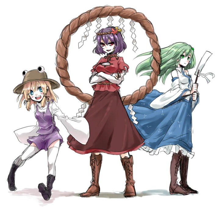 bad_id blonde_hair blue_eyes cross-laced_footwear crossed_arms detached_sleeves eyes gohei green_eyes green_hair hair_ornament hat kochiya_sanae leaf long_hair long_sleeves maple_leaf mirror moriya_suwako multiple_girls open_mouth purple_hair red_eyes rope sherad shimenawa short_hair skirt standing thigh-highs thighhighs touhou white_legwear wide_sleeves wind yasaka_kanako