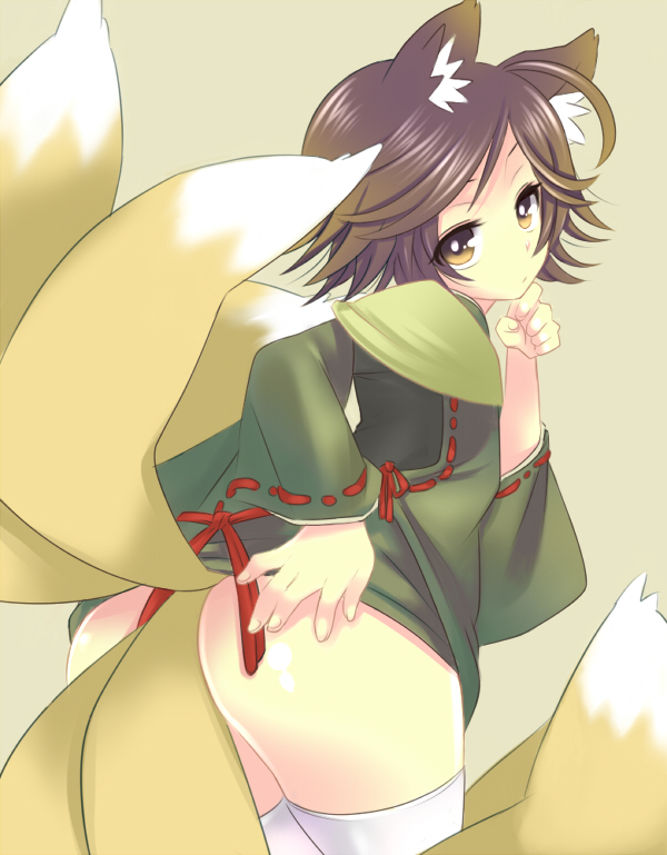 ahoge androgynous animal_ears ass brown_hair fox_ears fox_tail from_behind male mouri_motonari msp_sammy multiple_tails sengoku_basara solo tail thigh-highs thighhighs trap white_legwear white_legwera yellow_eyes