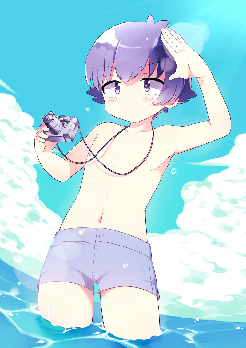 :&lt; bad_id baka_to_test_to_shoukanjuu blue_eyes blue_hair blush camera male msp_sammy navel school_uniform short_hair sky solo swim_trunks tsuchiya_kouta water