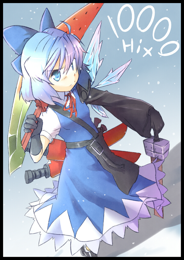 adapted_costume advent_cirno ahoge blue_eyes blue_hair cirno dual_wielding gloves ice ice_wings long_sleeves senhaku short_hair short_sleeves solo sword touhou weapon wings