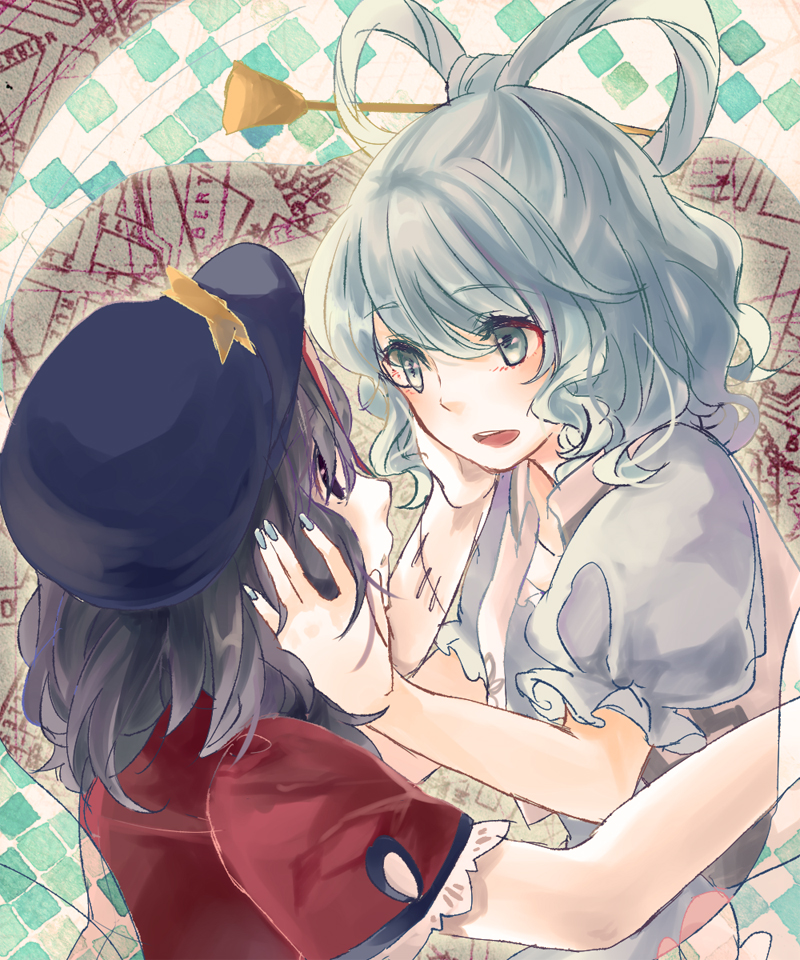 beret blue_dress blue_eyes blue_hair dress face-to-face grey_hair hair_rings hair_stick hand_in_hair hand_on_another's_cheek hat jiangshi kaku_seiga lunica miyako_yoshika multiple_girls ofuda outstretched_arms shawl short_hair short_sleeves stitches touhou vest yuri zombie_pose