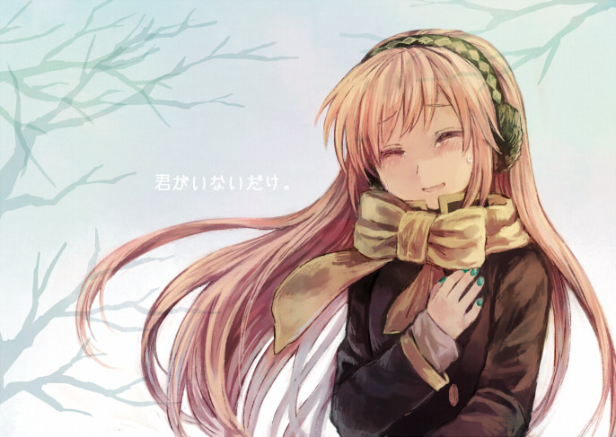 1girl branch closed_eyes coat earmuffs hand_on_chest hand_on_own_chest headphones kisablue long_hair megurine_luka open_mouth pink_hair scarf smile solo tears translated vocalic