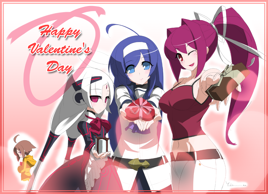 1_female_at_rear 3_females_at_front 4_females 4girls ahoge artist_request blue_eyes blue_hair blush breasts brown_hair camisole chocolate chocolate_heart chocolates ecole french-bread french_bread gift gloves hairband happy_valentine heart hoodie in-birth large_breasts linne long_hair looking_at_viewer midriff multiple_girls night official_art orie orie_(under_night_in-birth) outstretched_arms pants purple_hair red_eyes signature twin_tail twintails unbuttoned under under_night_in-birth valentines_day vatista white_gloves white_hair wink yuzuriha_(under_night_in-birth)