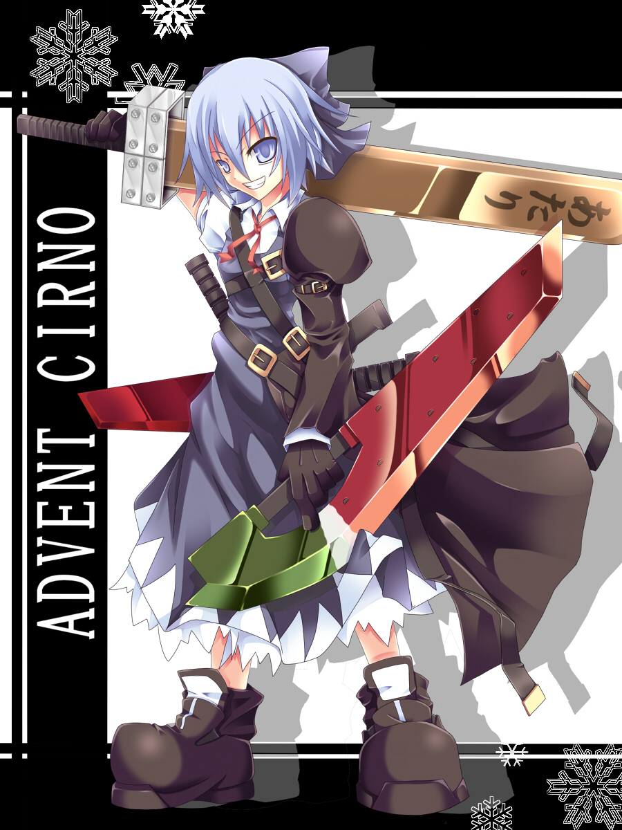 adapted_costume advent_cirno blue_eyes blue_hair bow cirno dear_chaos dual_wielding grin hair_bow highres long_sleeves puffy_sleeves short_hair short_sleeves smile snowflakes solo sword touhou weapon
