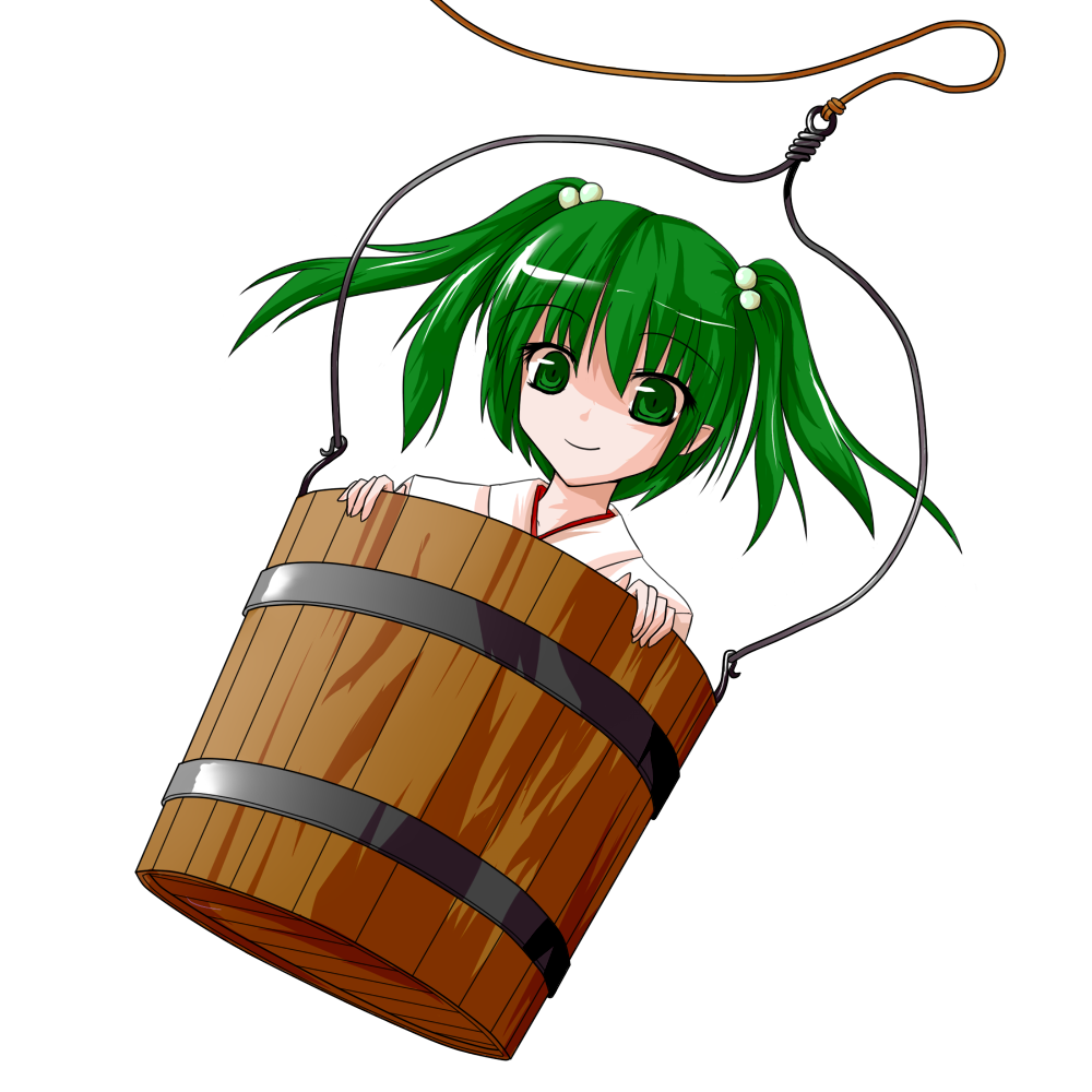 alphes_(style) bucket green_eyes green_hair hair_bobbles hair_ornament in_bucket in_container kisume koki110-6 parody pointy_ears rope short_hair smile solo style_parody touhou twintails