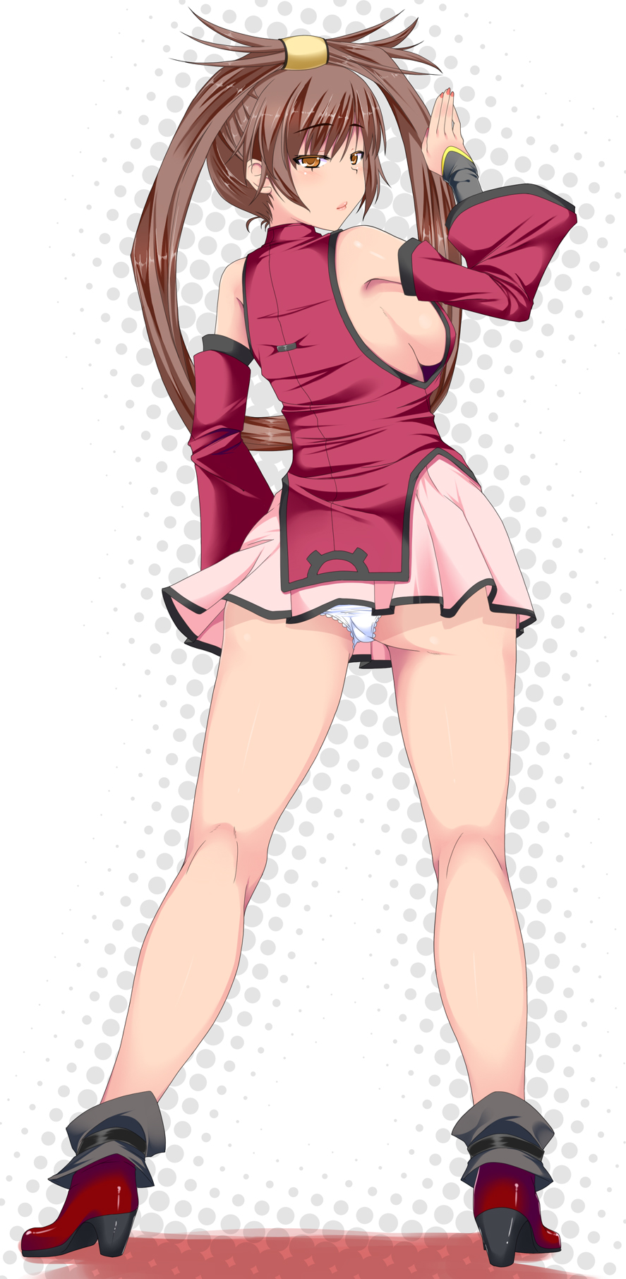 arm_up ass bare_shoulders breasts brown_eyes brown_hair china_dress chinese_clothes detached_sleeves from_behind guilty_gear hair_ring highres impossible_clothes kirise_mitsuru kuradoberi_jam large_breasts legs long_hair looking_back miniskirt panties sideboob skirt solo twintails underwear