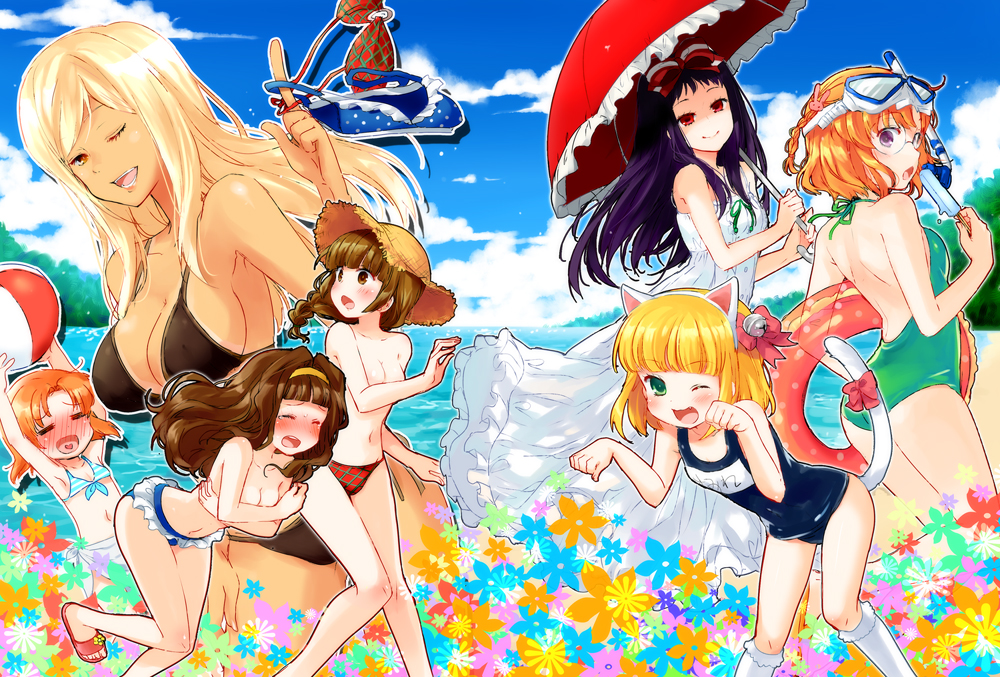 animal_ears arms_up ball beachball bikini black_hair blonde_hair blush bra braid breast_hold brown_eyes brown_hair cat_ears character_request closed_eyes company_connection covering covering_breasts creator_connection crossover dress eyes_closed flower glasses goggles green_eyes hairband hat heart higanbana_(higanbana_no_saku_yoru_ni) higanbana_no_saku_yoru_ni higurashi_no_naku_koro_ni innertube kl kusunoki_midori long_hair looking_back moriya_marie multiple_girls open_mouth paw_pose ryuuguu_rena school_swimsuit short_hair smile snorkel sumire_(higanbana) sundress swimsuit takano_miyo tears umbrella underwear wink