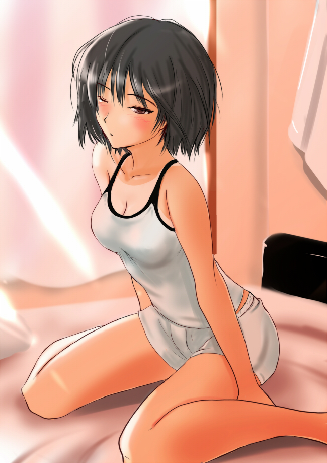 1girl amagami bare_shoulders bed black_hair blush breasts brown_hair cleavage messy_hair murasaki_iro nanasaki_ai short_hair shorts sitting solo tan tank_top tanline wariza wings