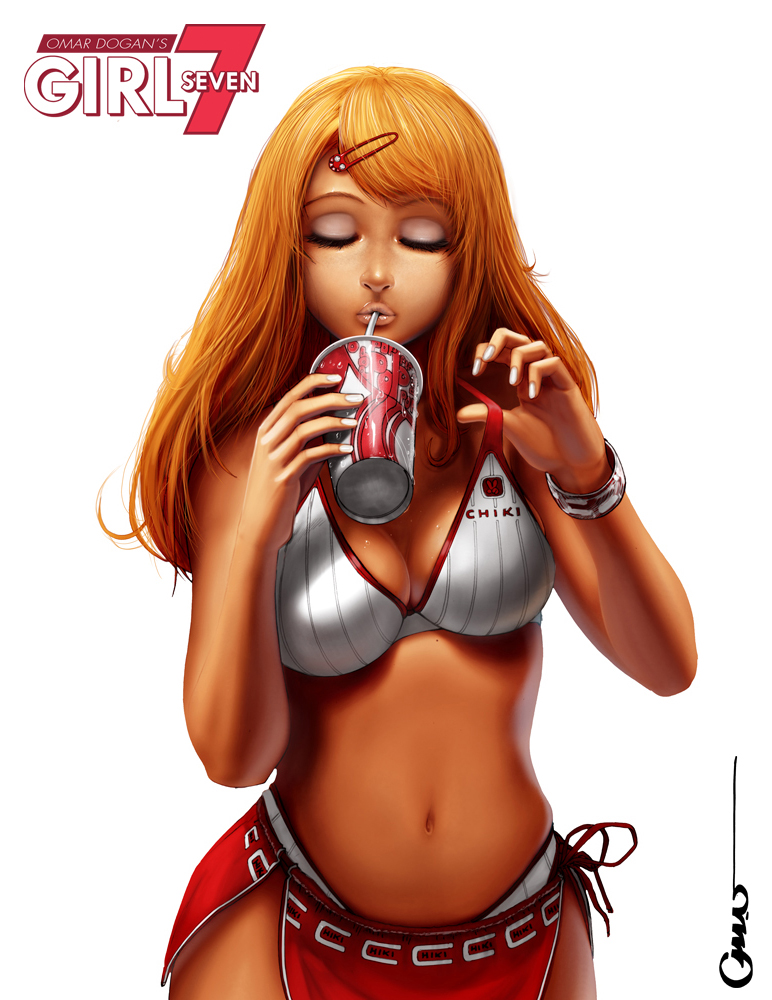 bangs bra bra_pull bracelet breasts cleavage closed_eyes dark_skin eyes_closed eyeshadow ganguro girl7 hair_ornament hairclip jewelry large_breasts lipstick makeup mole nail_polish navel omar_dogan open_clothes orange_hair original panties paper_cup signature simple_background sipping solo strap_lift straw underwear wide_hips