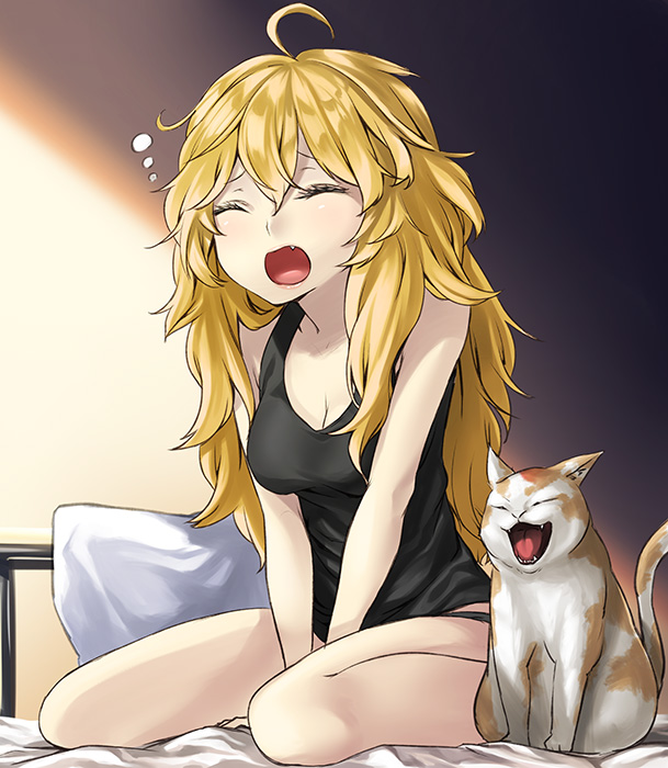 ahoge bed blonde_hair blush breasts cat cleavage closed_eyes commentary eyes_closed fang kyon_(fuuran) long_hair messy_hair open_mouth original panties pillow sitting sleeping solo tank_top underwear v_arms wariza yawning yukimi_dango