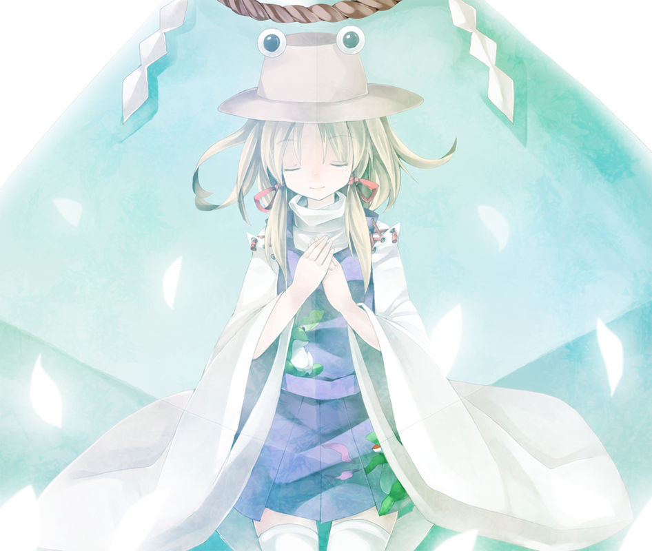 blonde_hair closed_eyes dress frog hair_ribbon hands hat moriya_suwako ribbon ringpearl solo thigh-highs thighhighs touhou white_legwear white_thighhighs zettai_ryouiki