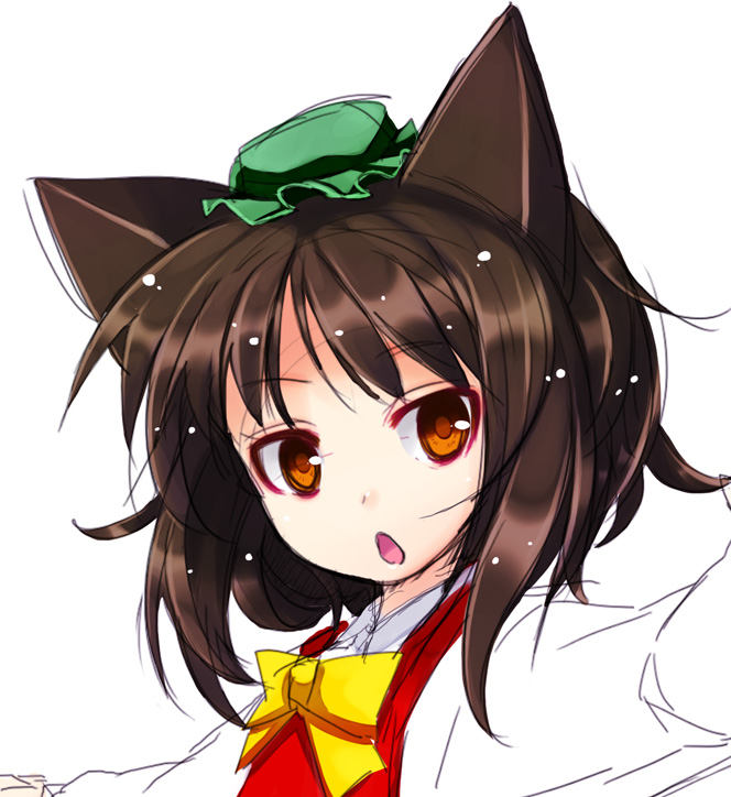 akino_sora animal_ears bowtie brown_hair cat_ears chen face hat open_mouth orange_eyes outstretched_arms portrait sketch spread_arms touhou tsurime