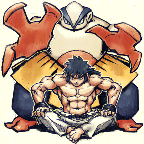 1boy hariyama long_hair lowres male manly meitei muscle pokemon pokemon_(creature) ponytail shiba_(pokemon) shirtless siba_(pokemon) top_four