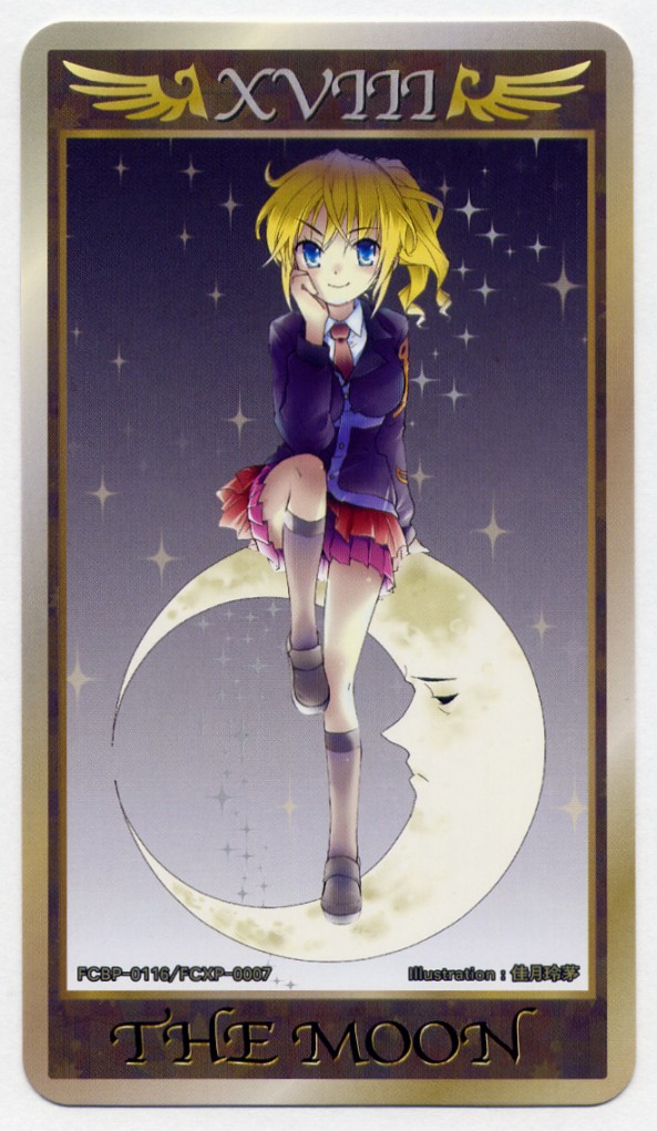 blonde_hair blue_eyes kneehighs moon necktie sitting smile tarot tarot_card umineko_no_naku_koro_ni ushiromiya_jessica