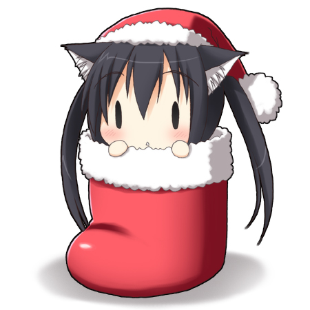 cat_ears chibi christmas hat k-on! kohinata_sora kuribo's_shoe lowres nakano_azusa santa_hat solo stocking_stuffer