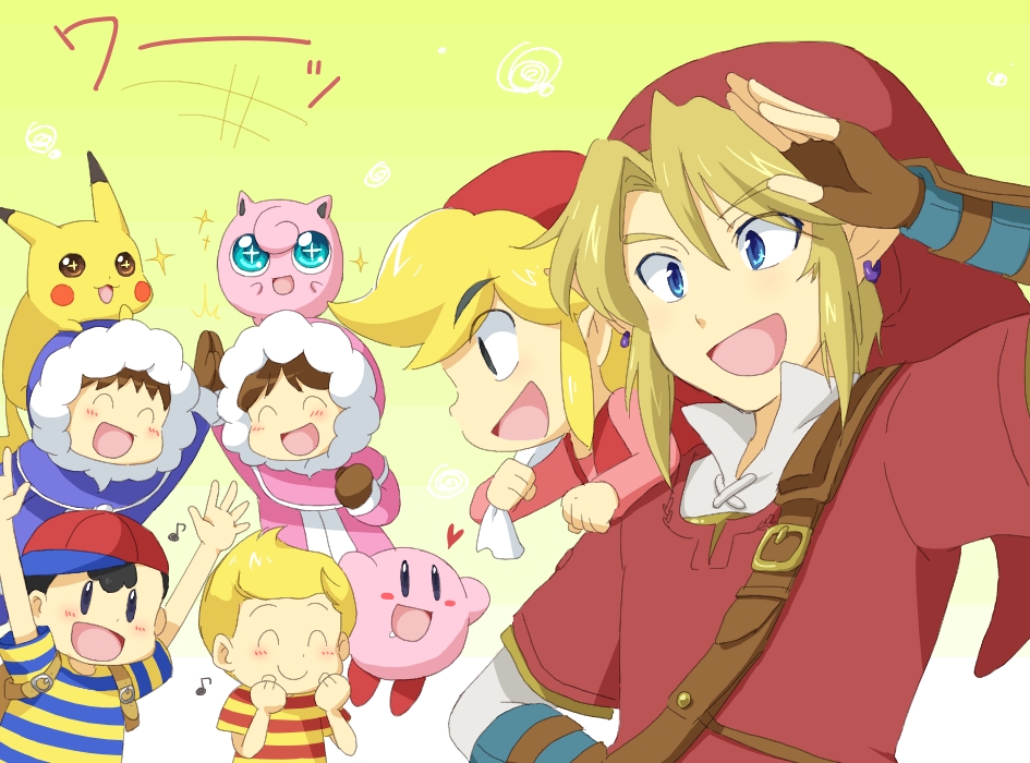 alternate_color black_hair blonde_hair blue_eyes brown_hair earrings gloves hanjuku_tomato hat hood ice_climber jewelry jigglypuff kirby kirby_(series) link lucas mother_(game) mother_2 mother_3 nana_(ice_climber) ness nintendo pikachu pointy_ears pokemon popo_(ice_climber) smile super_smash_bros. the_legend_of_zelda toon_link