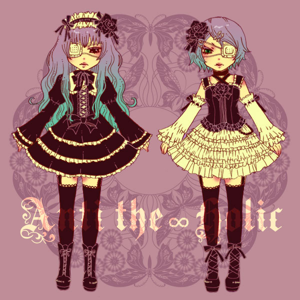 2girls anti_the_holic_(vocaloid) eyepatch frills gothic_lolita gradient_hair hairband hairclip kagamine_rin lolita_fashion long_hair megurine_luka multicolored_hair purple_hair short_hair thigh-highs vocaloid zettai_ryouiki