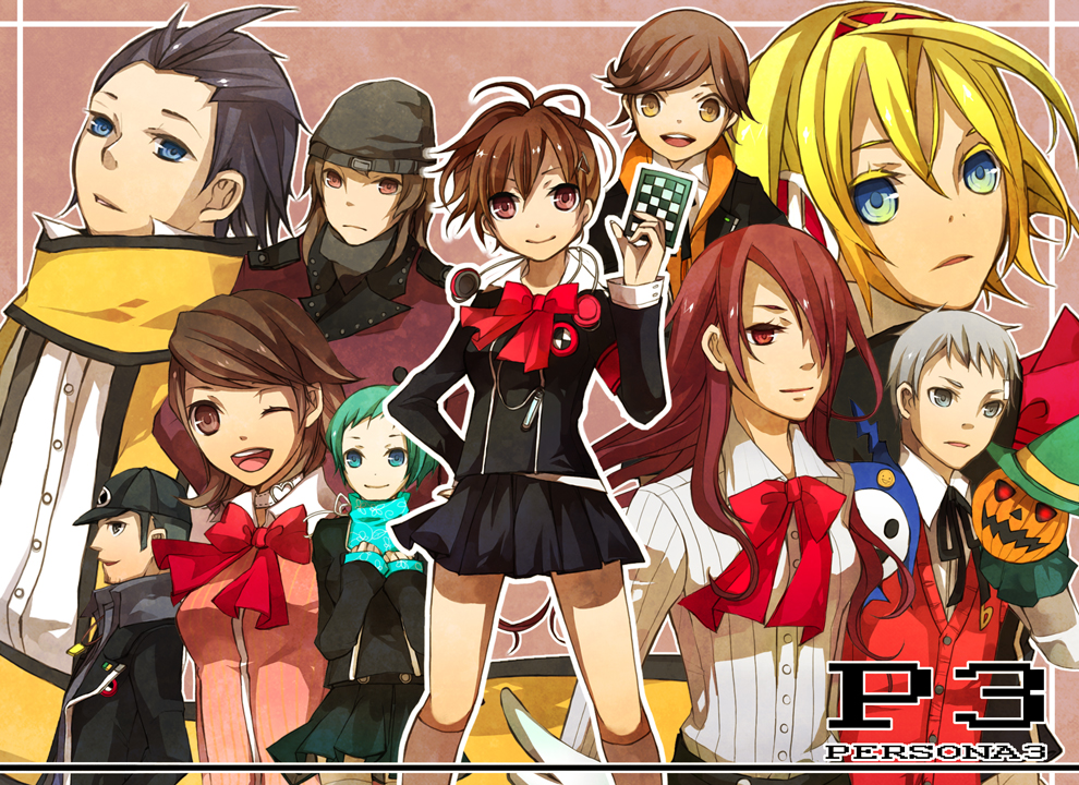 aegis amada_ken aragaki_shinjirou beanie blonde_hair bow female_protagonist_(persona_3) hat headphones iori_junpei kirijou_mitsuru kuro_(pixiv1013923) long_hair mochizuki_ryouji persona persona_3 redhead sanada_akihiko scarf school_uniform short_hair skirt smile takeba_yukari wink yamagishi_fuuka