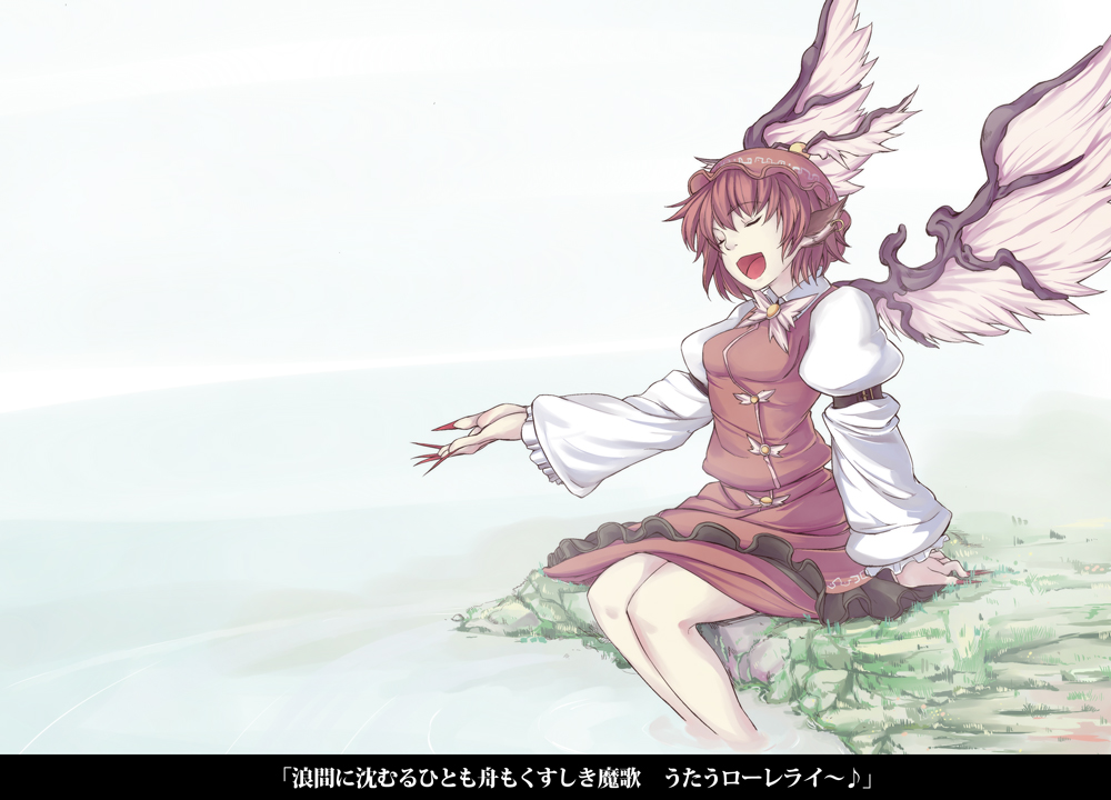 closed_eyes dress earrings feet_in_water fingernails grass hat jewelry knees legs long_fingernails long_nails long_sleeves mystia_lorelei nail_polish nails nichi_doriimu open_mouth outstretched_arm outstretched_hand red_hair redhead short_hair singing sitting soaking_feet touhou translation_request water wide_sleeves