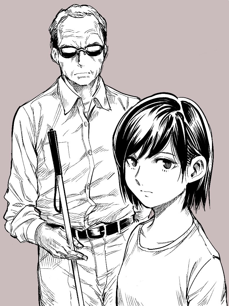1boy 1girl belt blind breasts brown_background cane expressionless frown gradient gradient_background greyscale hiro_(chumo) monochrome old old_man original safe shirt small_breasts sunglasses white_cane