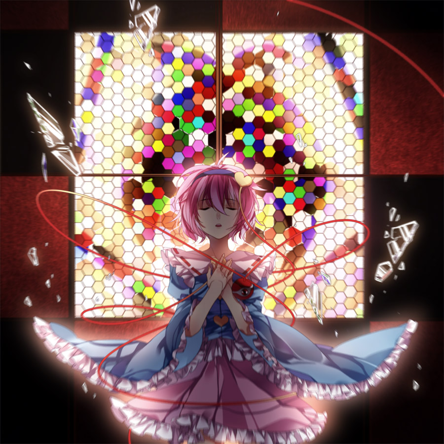 bad_id baocaiwangfei broken_glass closed_eyes glass hairband heart komeiji_satori long_sleeves open_mouth pink_hair red_eyes short_hair solo stained_glass third_eye touhou wide_sleeves