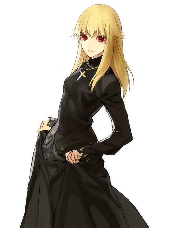 blonde_hair cassock cross cross_necklace curtsey dress fate/protoreplica fate/stay_night fate_(series) genderswap gilgamesh long_hair mirucream payot red_eyes skirt_hold solo white_background