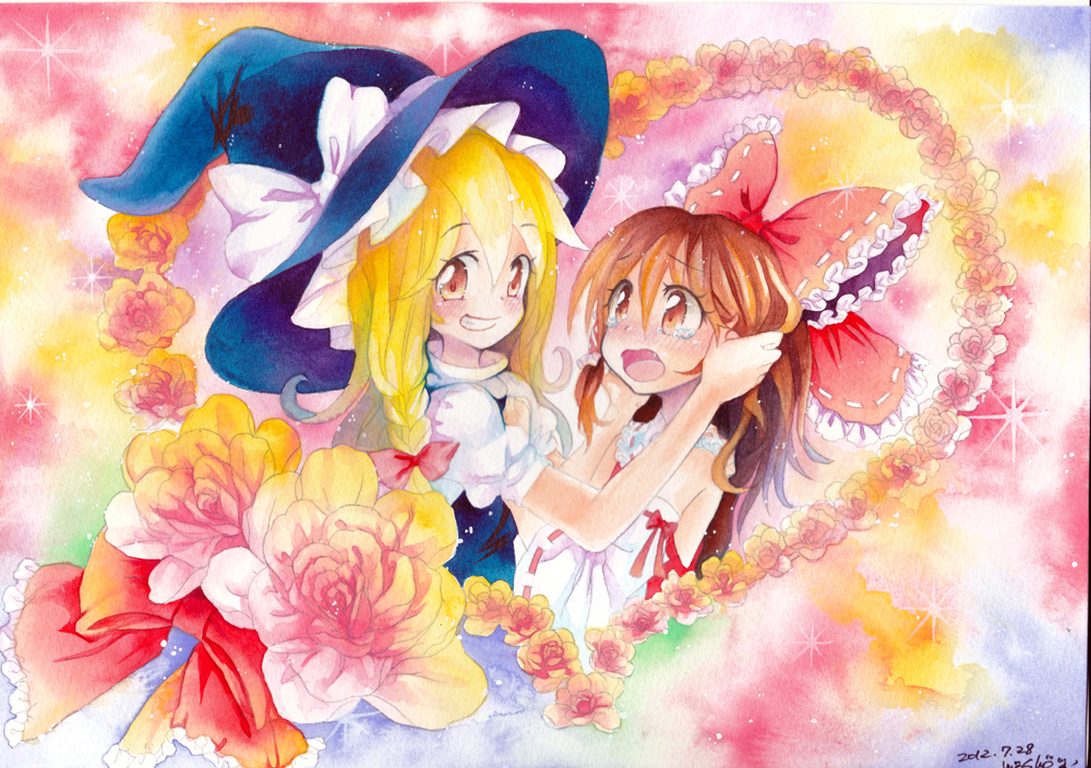 blonde_hair blush bow brown_eyes brown_hair detached_sleeves fang flower grin hair_bow hair_tubes hakurei_reimu hat hat_bow heart kirisame_marisa long_hair mosho multiple_girls open_mouth puffy_sleeves rose short_sleeves smile tears touhou wide_sleeves witch_hat yuri