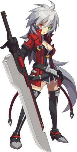 akiraka_ryomi blazblue boots breasts cleavage coat genderswap gloves green_eye green_eyes heterochromia huge_weapon jacket lost_saga multiple_belts official_art popped_collar ragna_the_bloodedge red_eye red_eyes silver_hair sword thigh-highs thigh_boots thighhighs transparent_background weapon white_hair